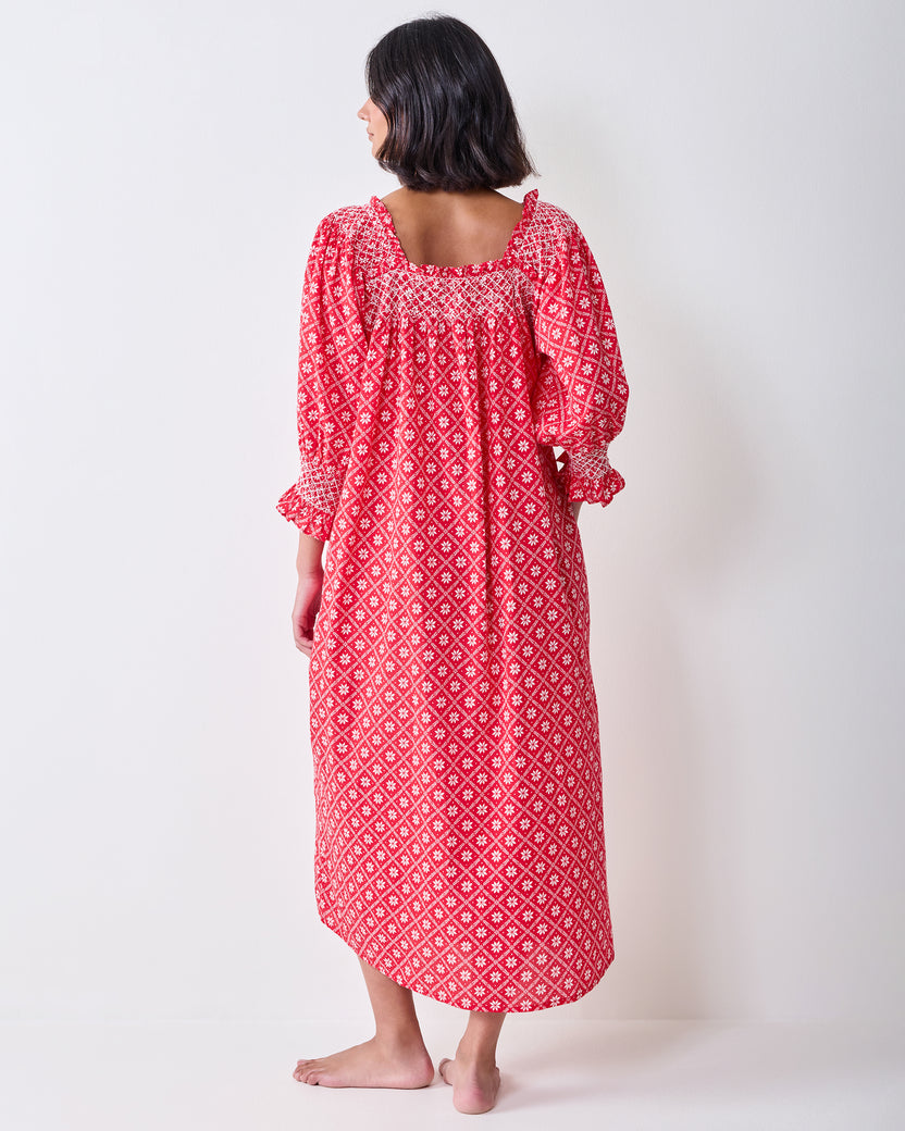Back view of the red patterned Parker nightgown, showing the square neckline and long loose silhouette