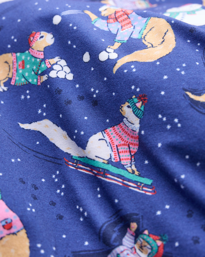 Snow Storm Blue Snow Kitties print with cats in winter clothing and snowy scenes