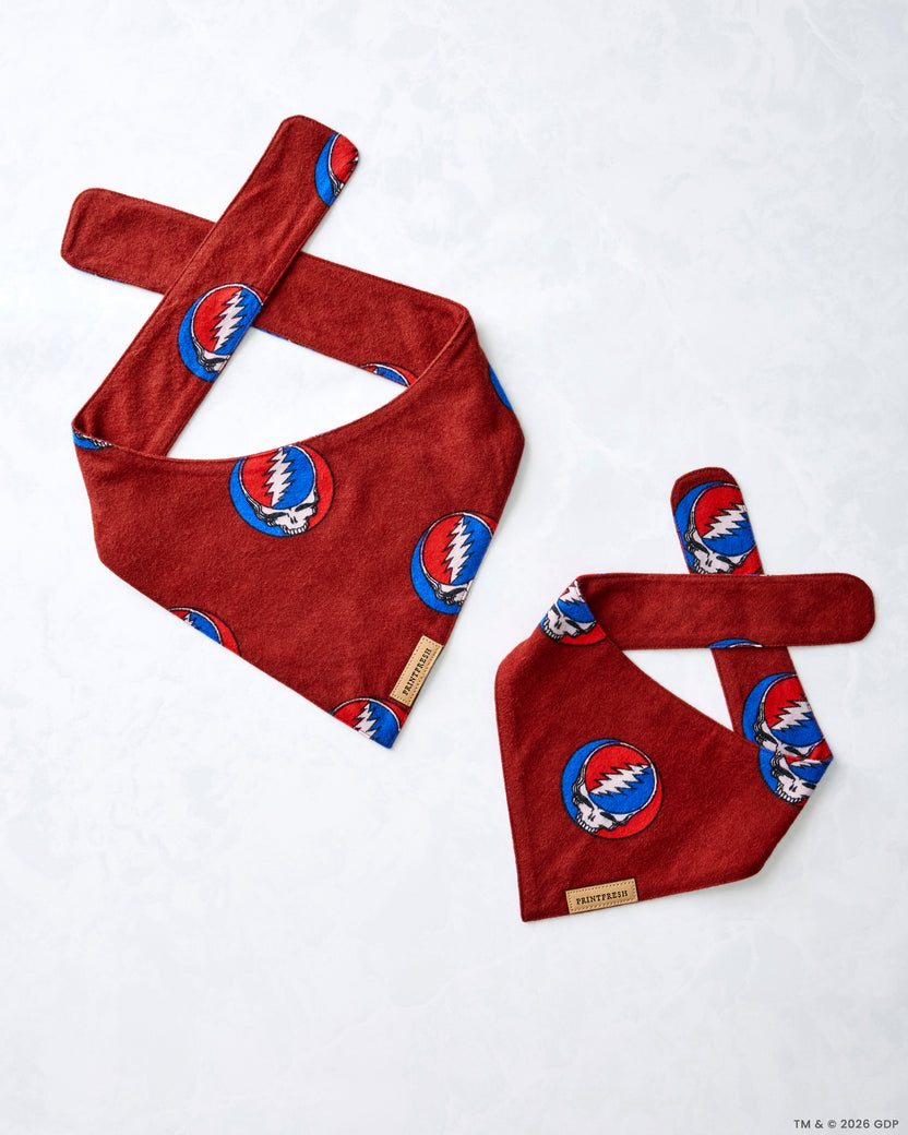 Two red pet bandanas laid flat, showing the adjustable straps and repeated circular skull-and-lightning-bolt motifs.
