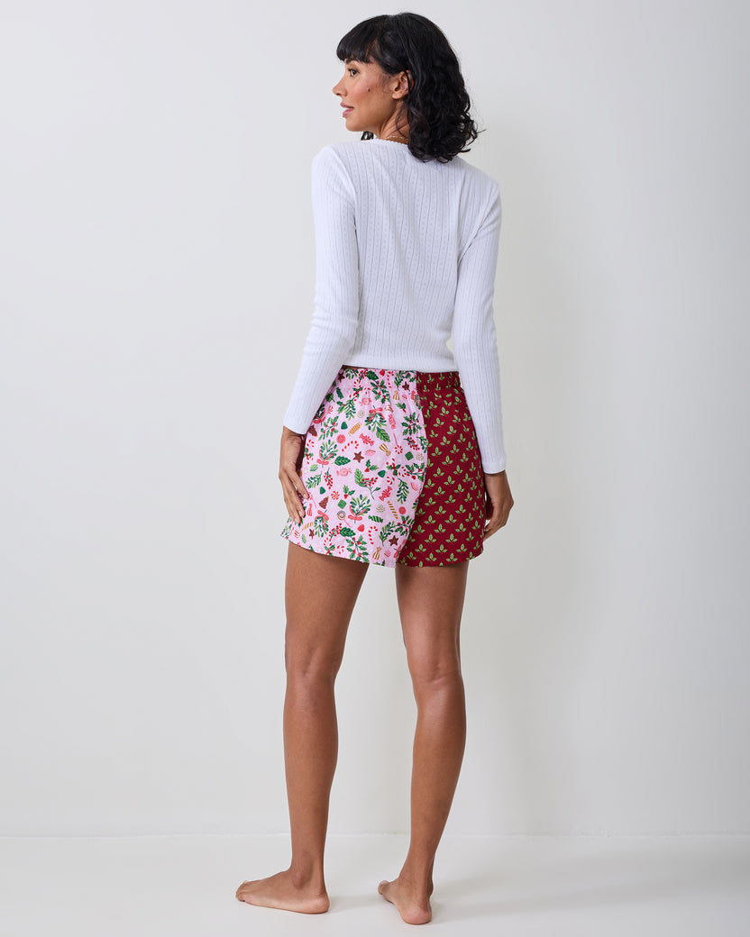 Back view of the Sweet Tooth Boyfriend Boxer in Candy Pink, showing the contrasting red and pink printed shorts.