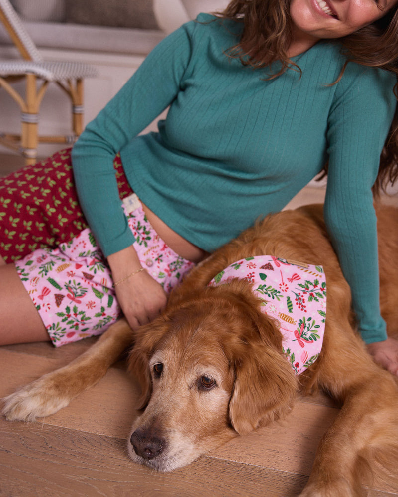 A person sits beside a golden retriever wearing a pink floral bandana; the person wears a teal top and pink printed shorts.