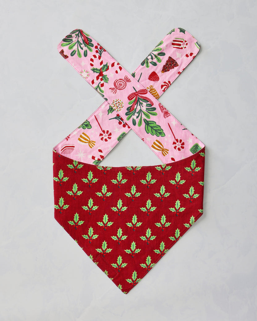 Pet bandana laid flat with a red holly-patterned body and pink patterned ties.