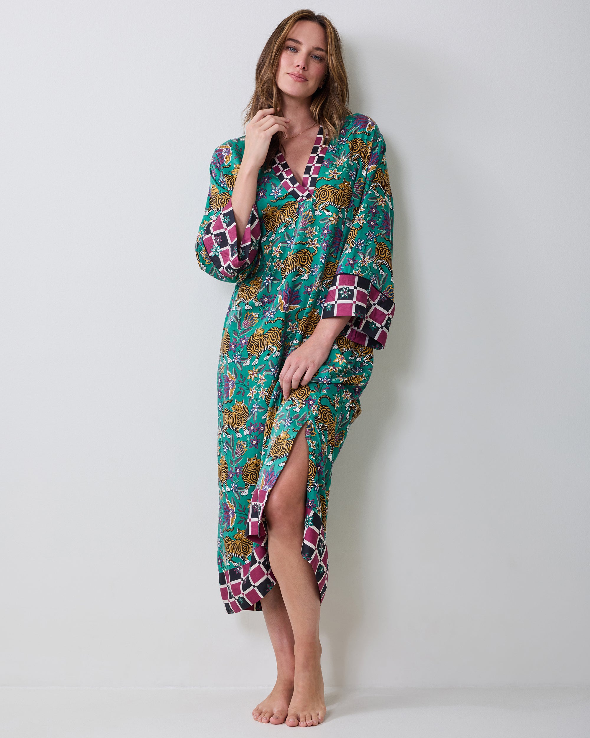 Tibetan Tigress - Eco Satin Kennedy Caftan - Royal Teal – Printfresh