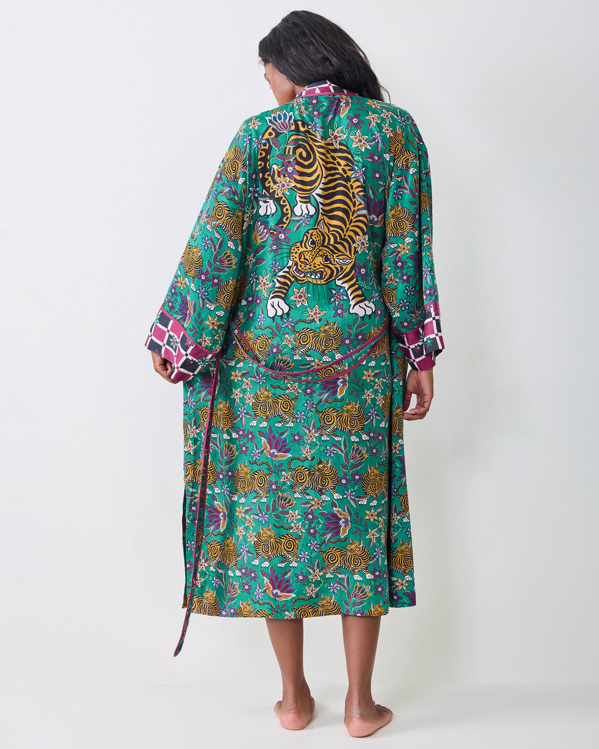Full back view of the Royal Teal Tibetan Tigress Eco Satin Robe, showing the long length, waist tie, and repeating tiger print.