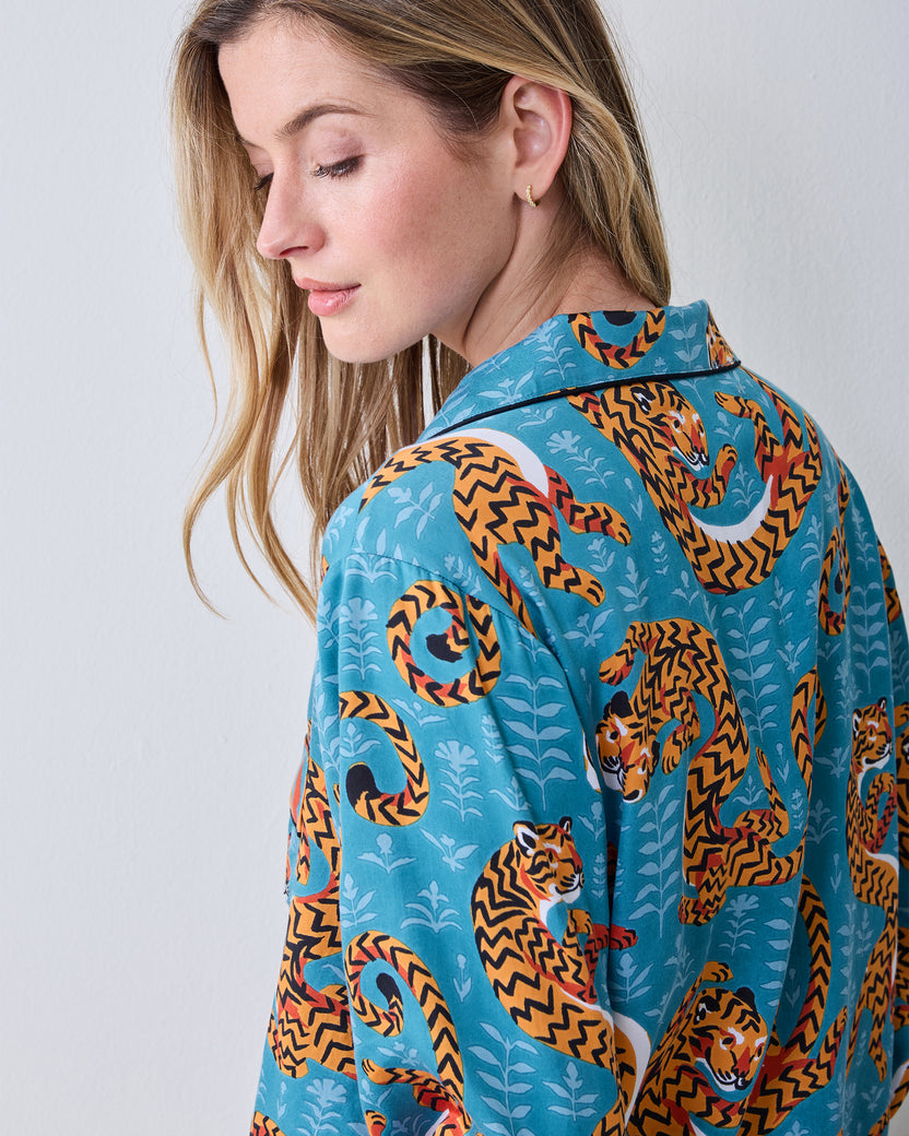 Back and shoulder detail of the Persian Turquoise Twisted Tiger pajama top showing the collar and curled tiger print.