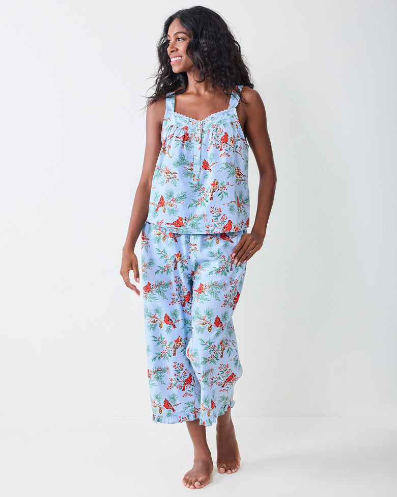 Full front view of the frosted blue Winter Cardinals cropped pants set with a camisole top and cropped pants with ruffled hems.