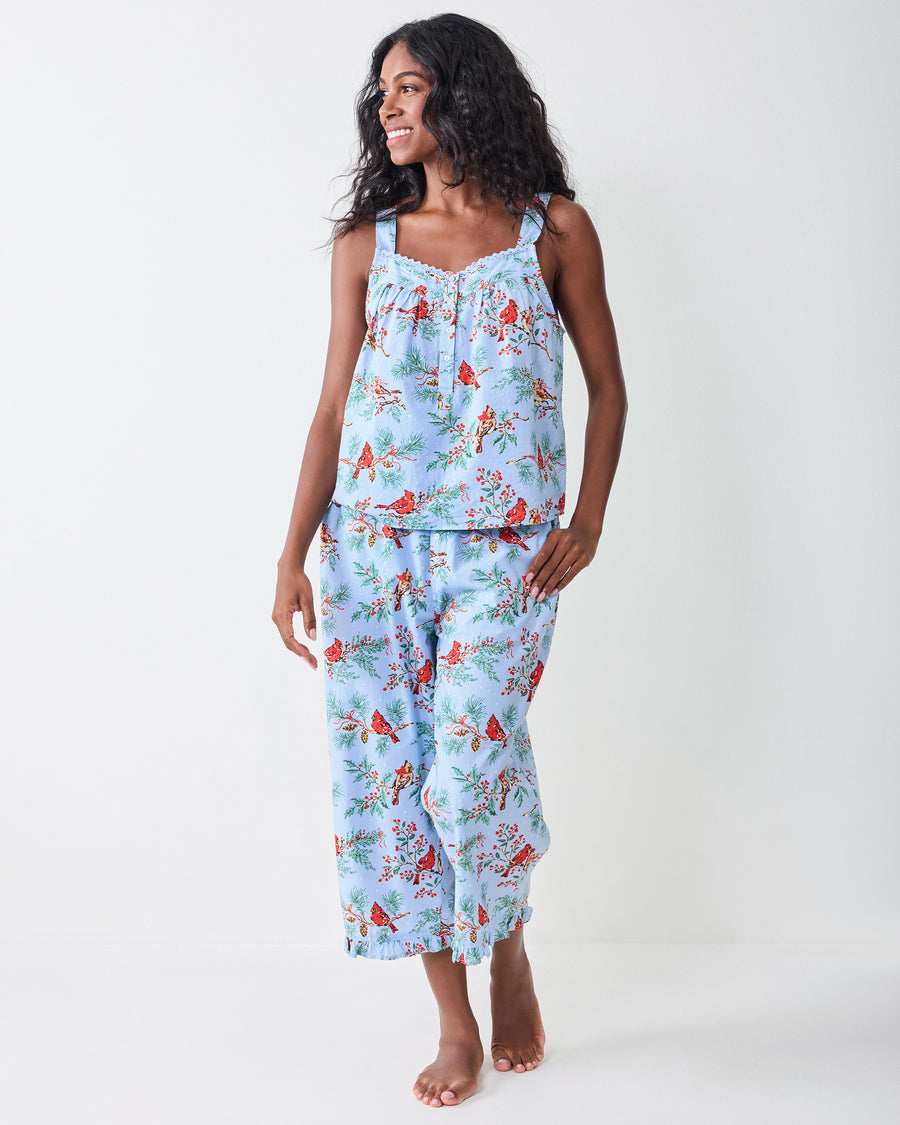 Full front view of the frosted blue Winter Cardinals cropped pants set with a camisole top and cropped pants with ruffled hems.