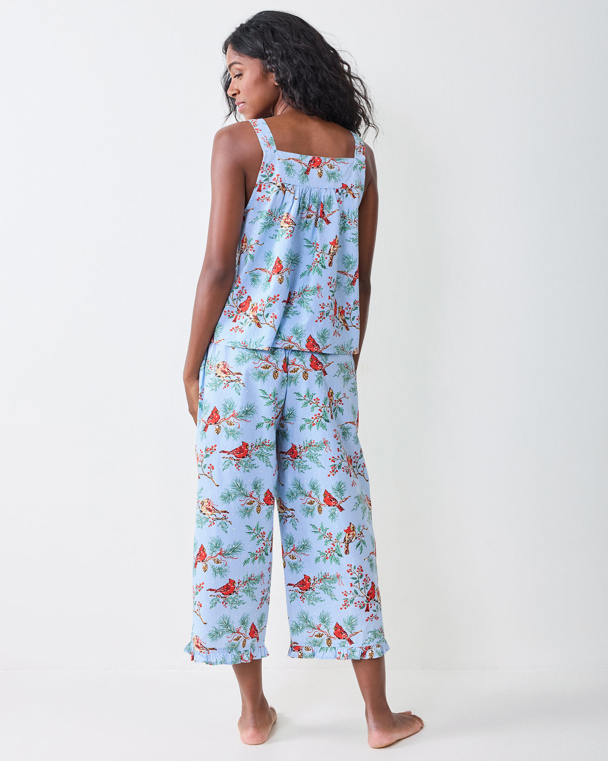 Back view of the frosted blue Winter Cardinals cropped pants set, showing the camisole back and matching cropped pants with ruffled hems.