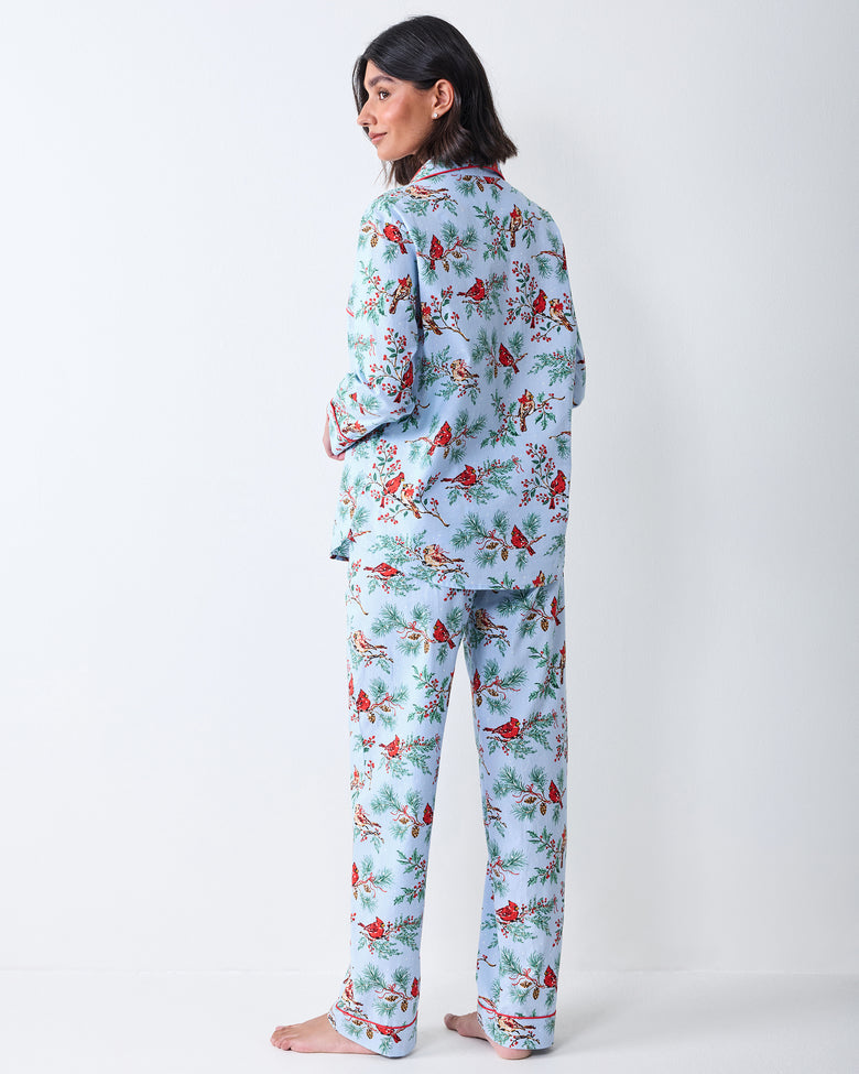 Back view of the Frosted Blue Winter Cardinals long pajama set, showing the button-front top and matching full-length pants.
