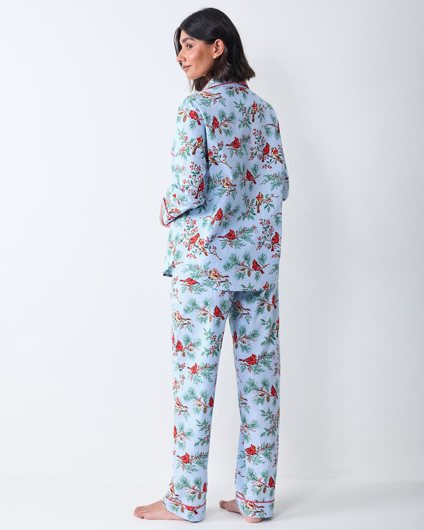 Back view of the Frosted Blue Winter Cardinals long pajama set, showing the button-front top and matching full-length pants.