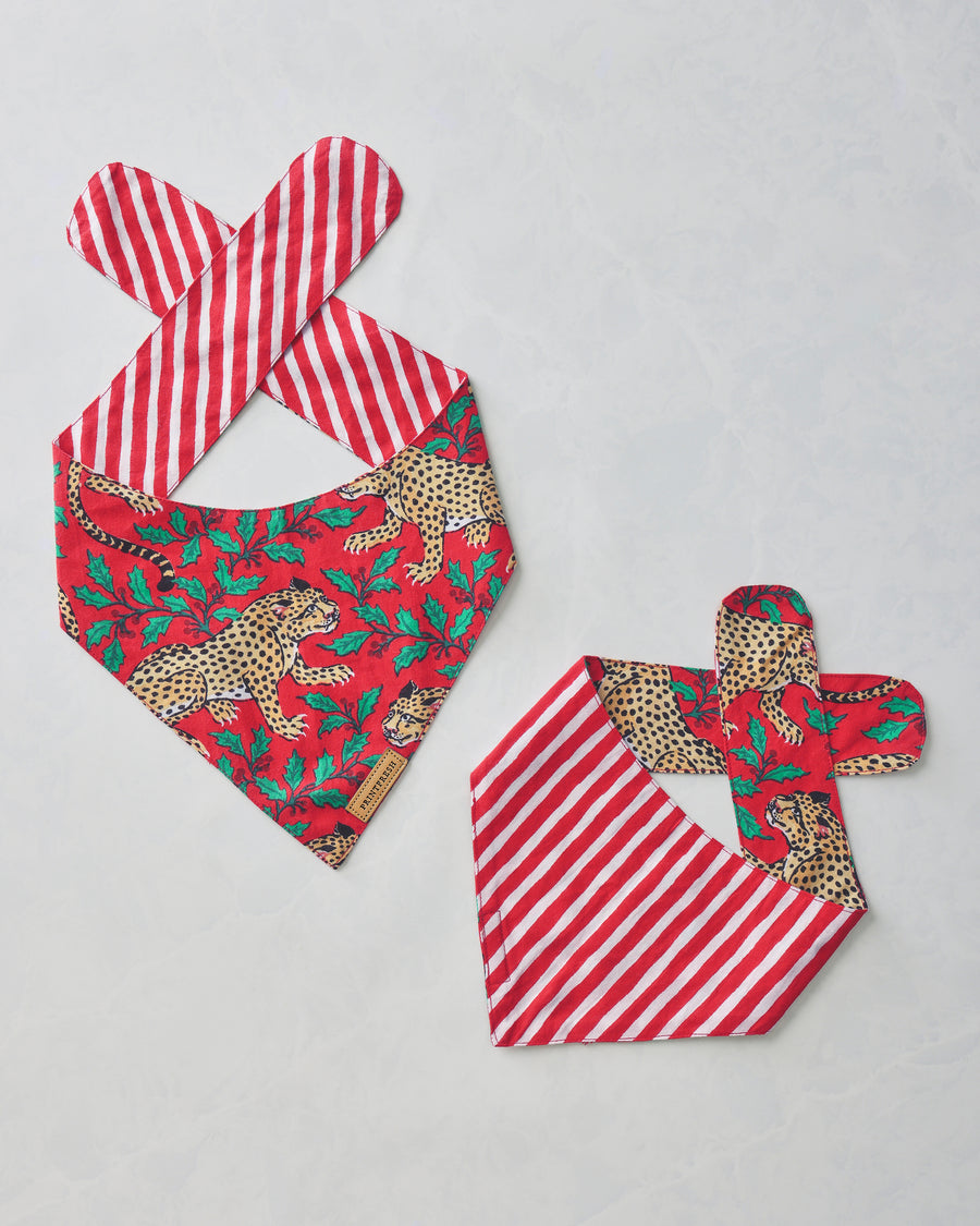 Two Ruby Winter Holly Bagheera pet bandanas shown front and reverse, with leopard and holly print on one side and red-and-white stripes on the other.