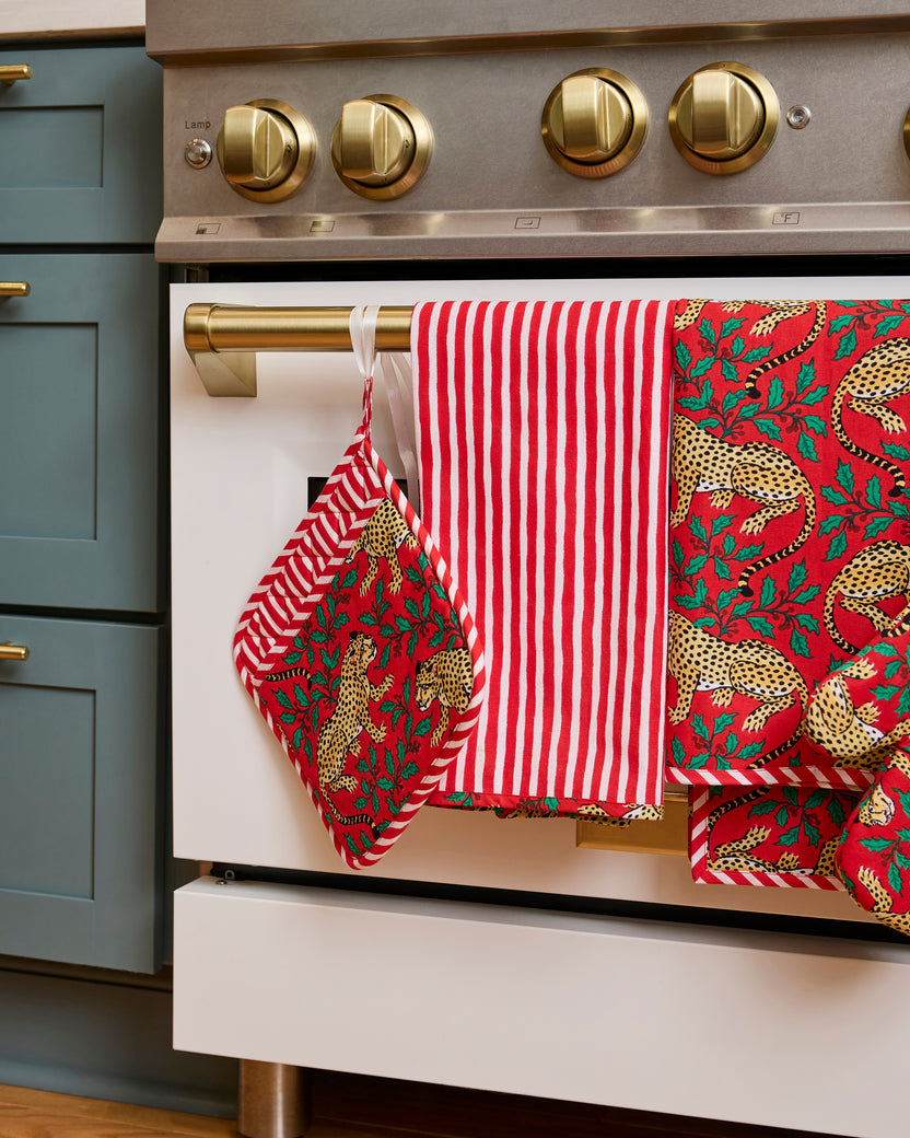 Close-up of red patterned tea towels hanging from a brass oven handle, with a matching oven mitt.