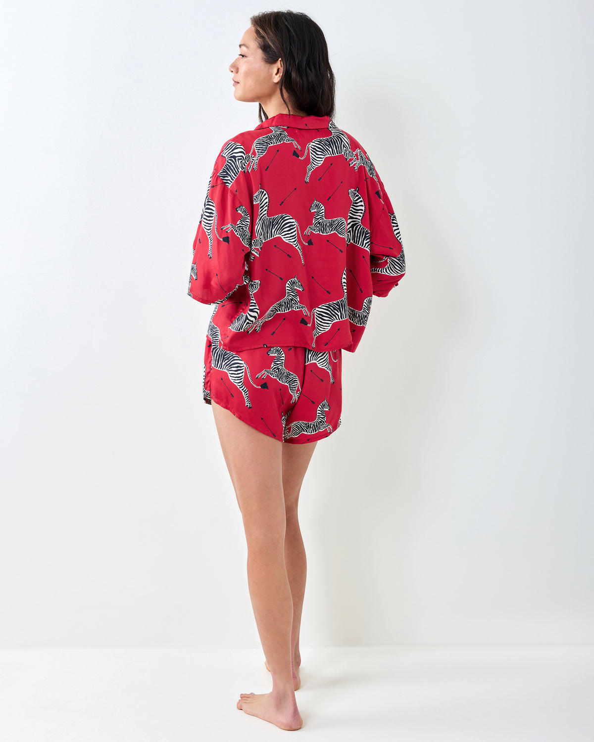 Back view of the red zebra-print top and shorts from the Eco Satin Sweet Dreams Set.