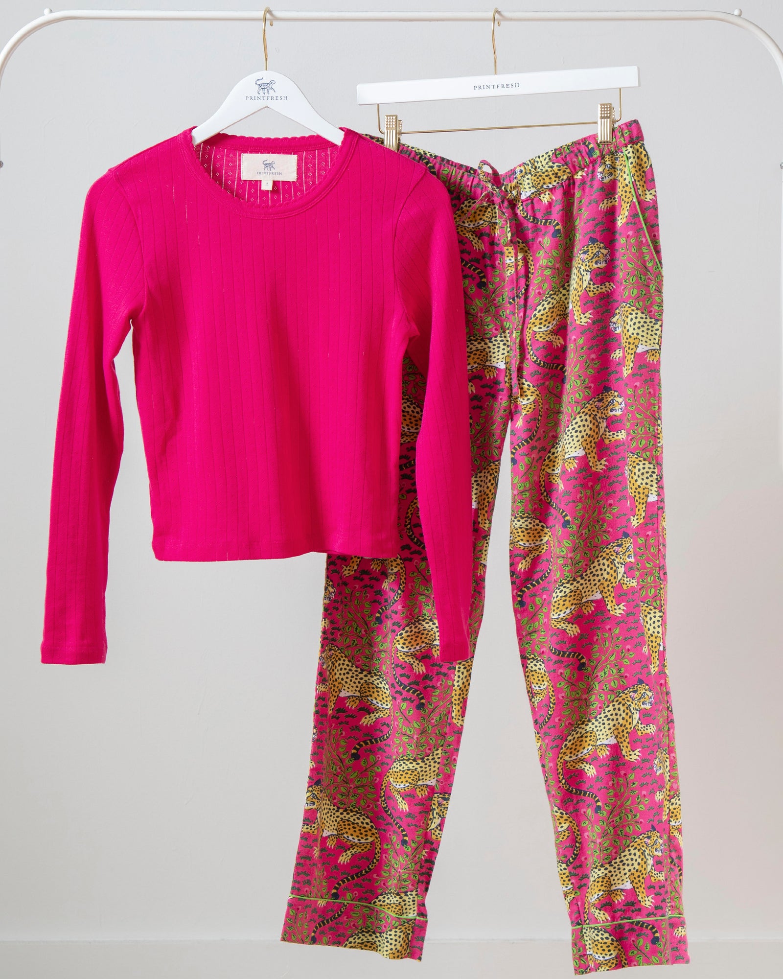 Bagheera - Pointelle Long Sleeve & Flannel PJ Pants Set - Hot Pink - Printfresh