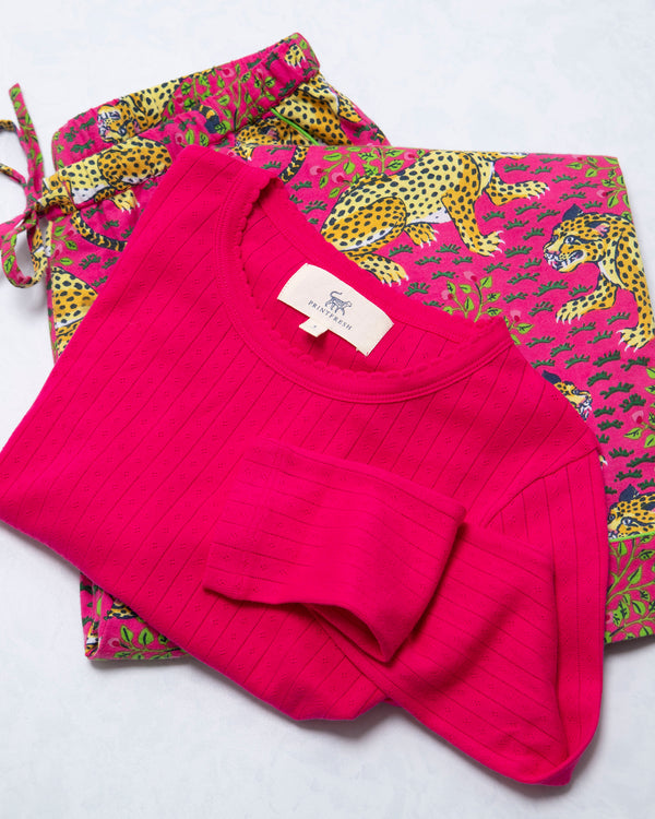 Bagheera - Pointelle Long Sleeve & Flannel PJ Pants Set - Hot Pink - Printfresh