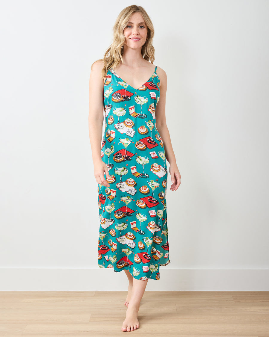 Blinis & Martinis - Eco Satin Chic to Sleep Nightie - Mid-Century Blue - Printfresh