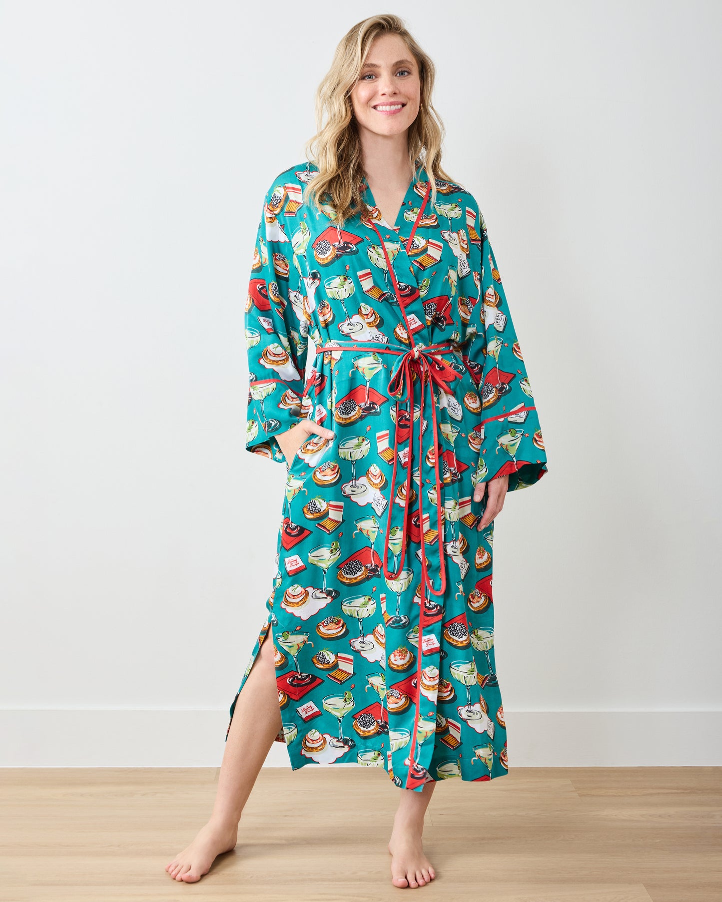 Blinis & Martinis - Eco Satin Robe - Mid Century Blue - Printfresh