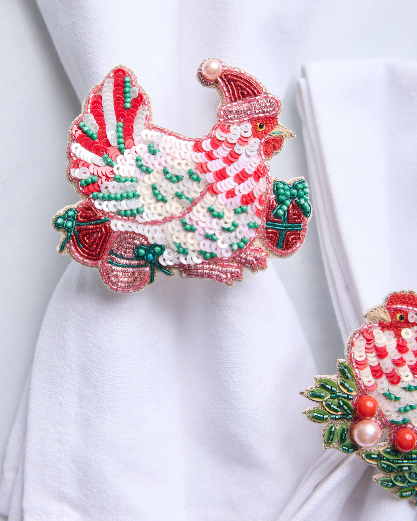 Holiday Hens/Bow - Napkin Ring Set Of 4 - Red Multi - Printfresh