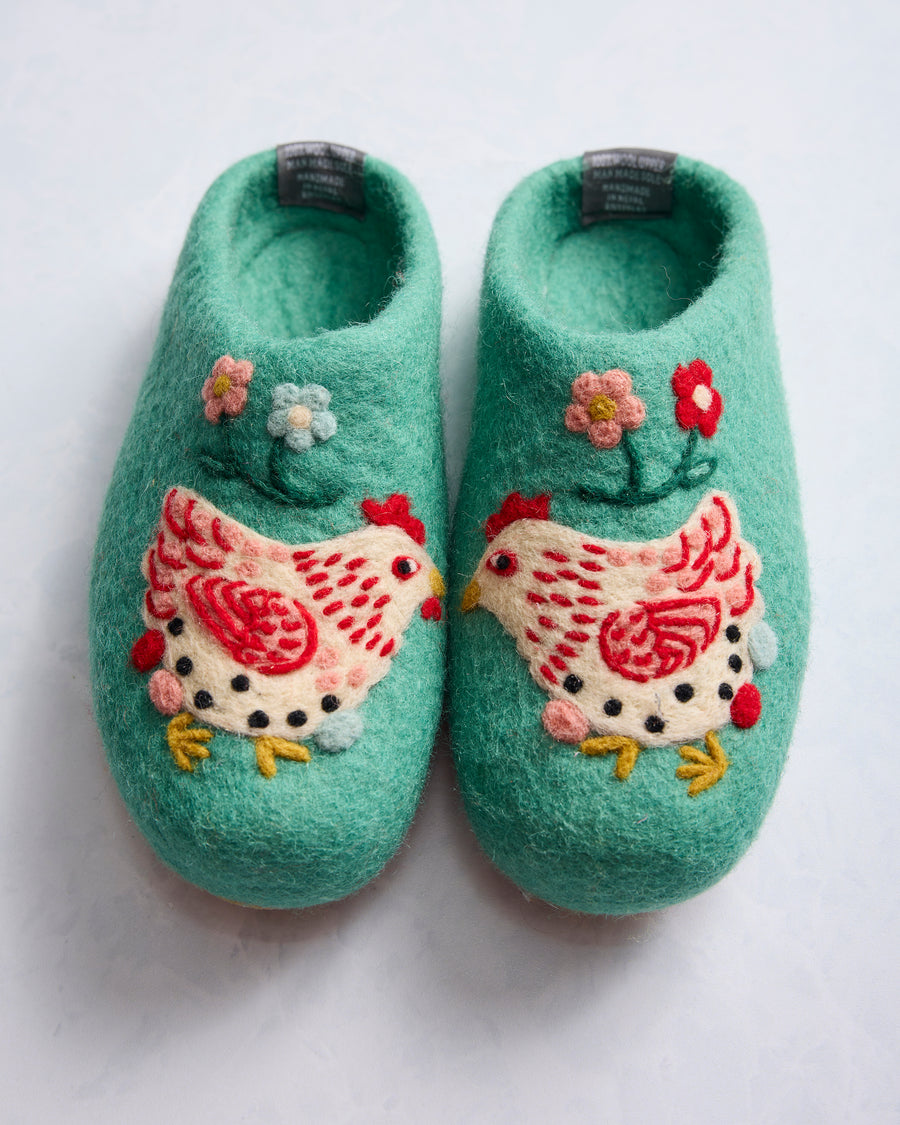 French Knot X PF - Holiday Hens Slipper - Sage - Printfresh