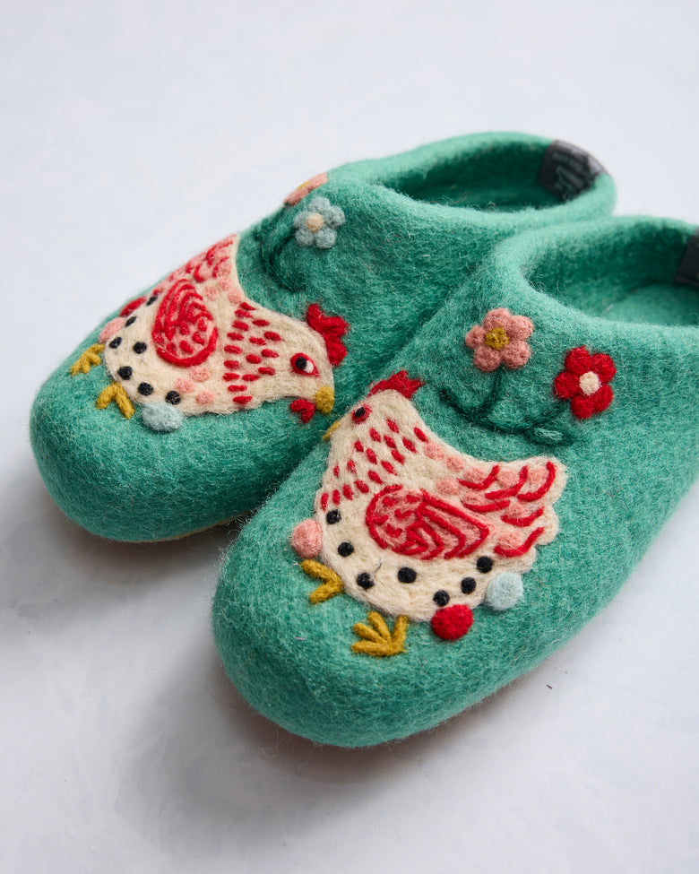 French Knot X PF - Holiday Hens Slipper - Sage - Printfresh