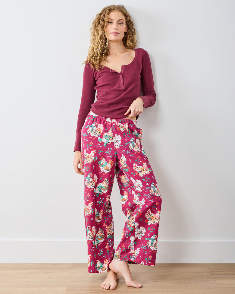 Holiday Hens - Lightweight Flannel Wide Leg PJ Pants - Burgundy - Printfresh