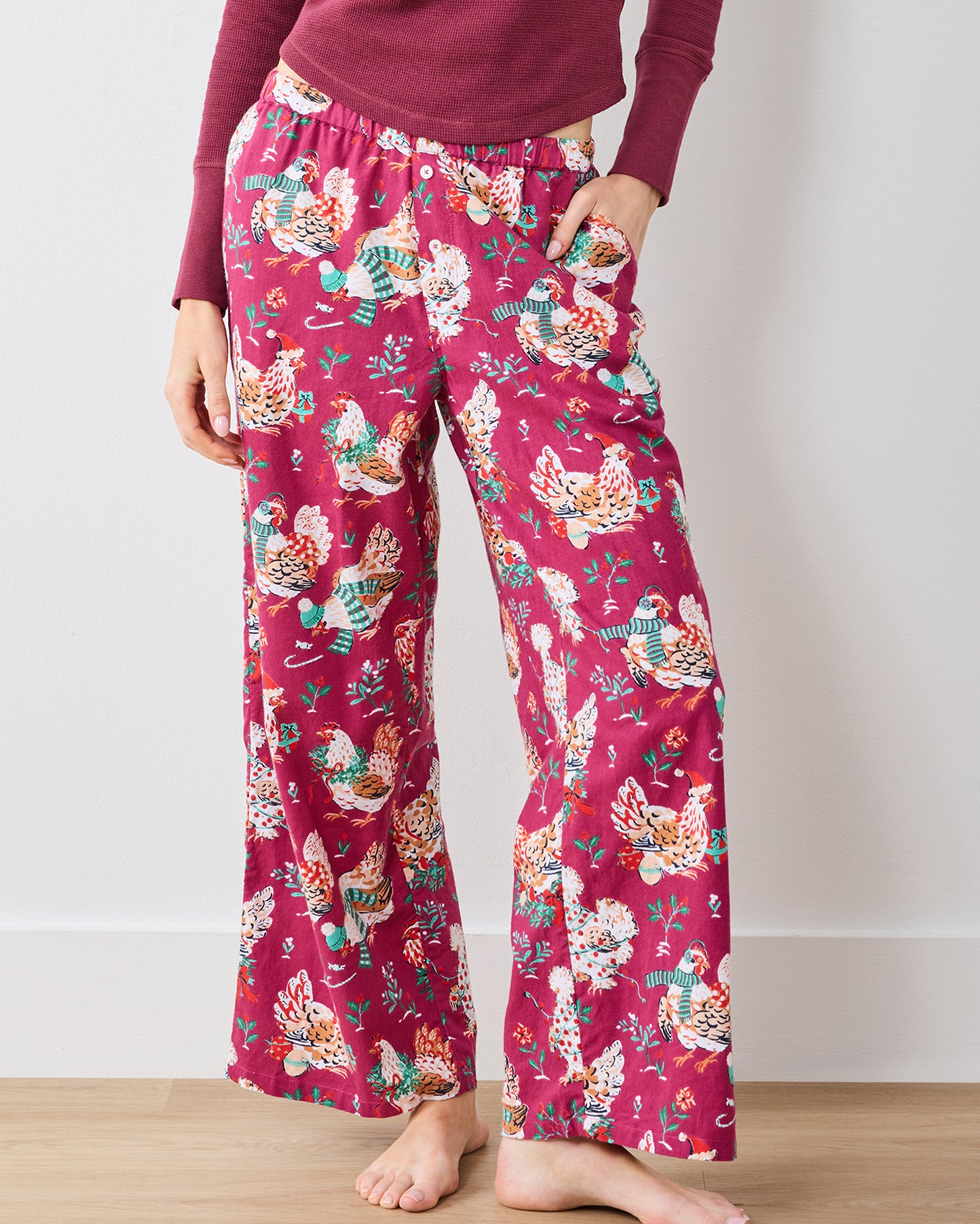 Holiday Hens - Lightweight Flannel Wide Leg PJ Pants - Burgundy - Printfresh
