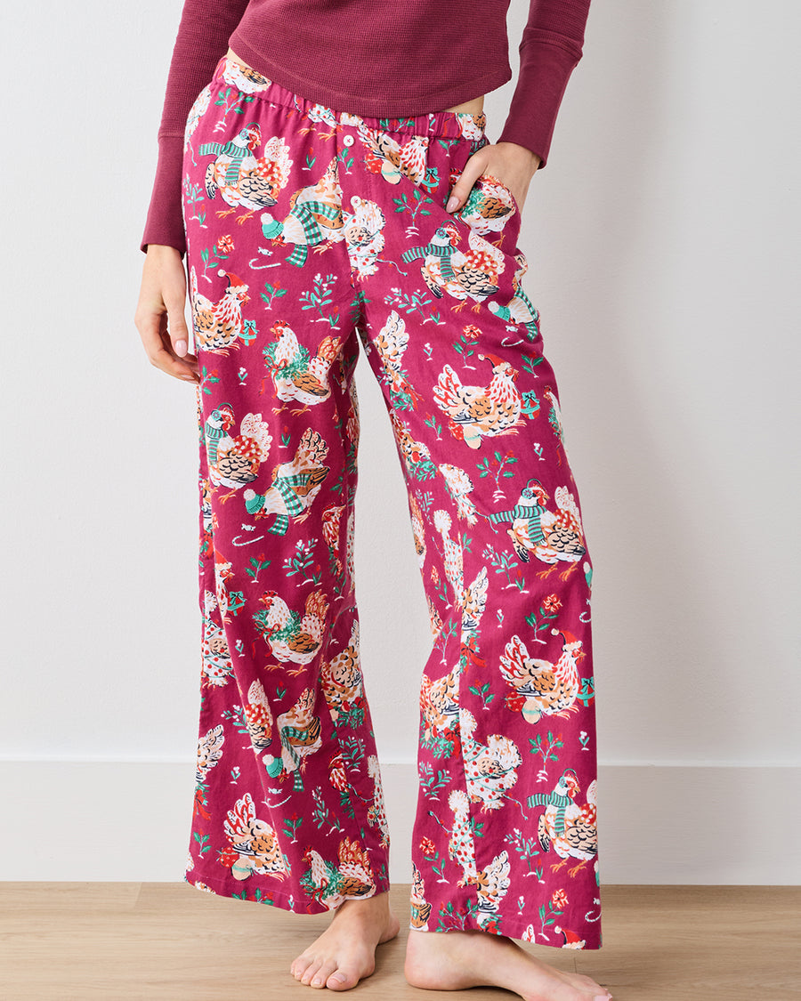 Holiday Hens - Lightweight Flannel Wide Leg PJ Pants - Burgundy - Printfresh