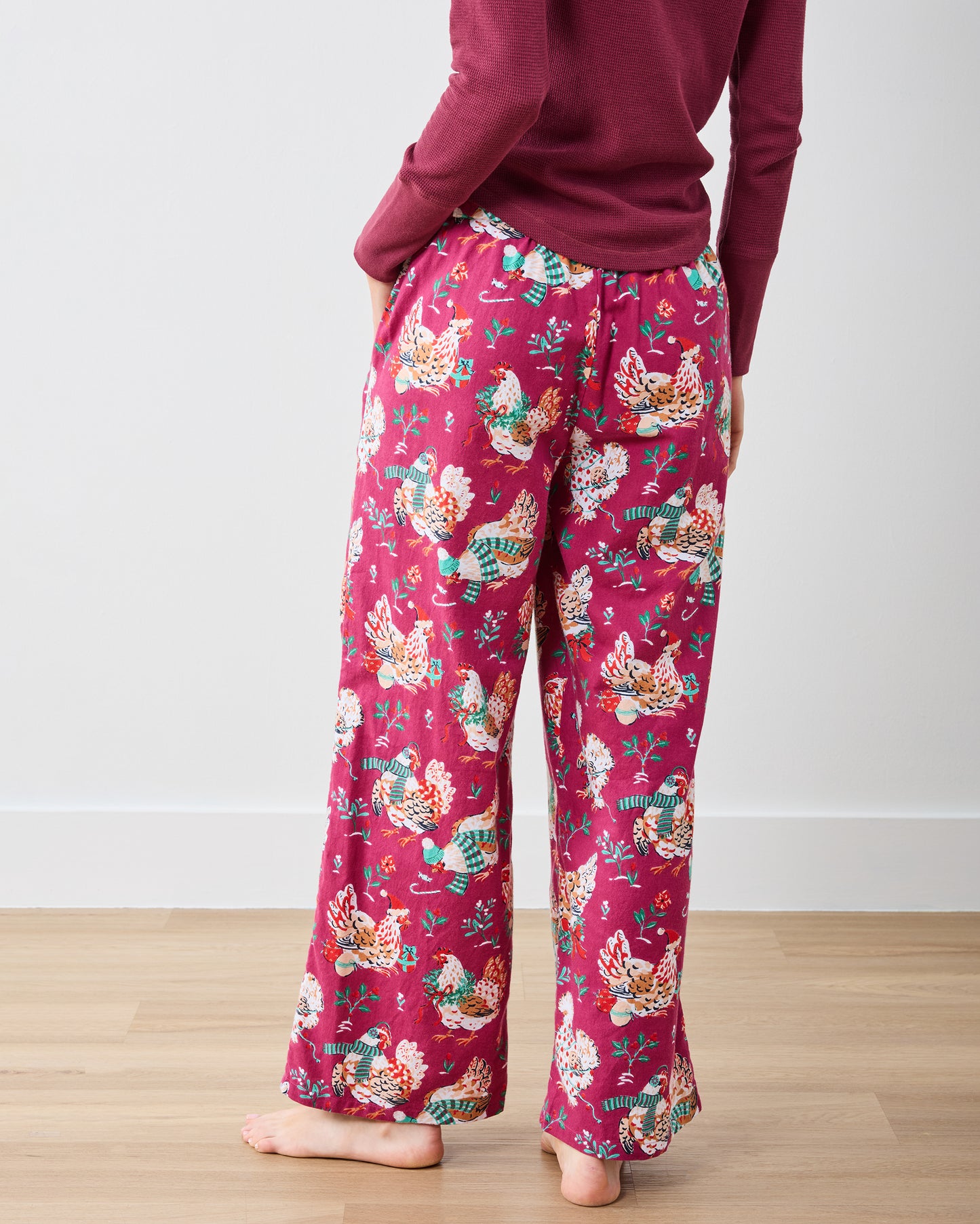 Holiday Hens - Lightweight Flannel Wide Leg PJ Pants - Burgundy - Printfresh
