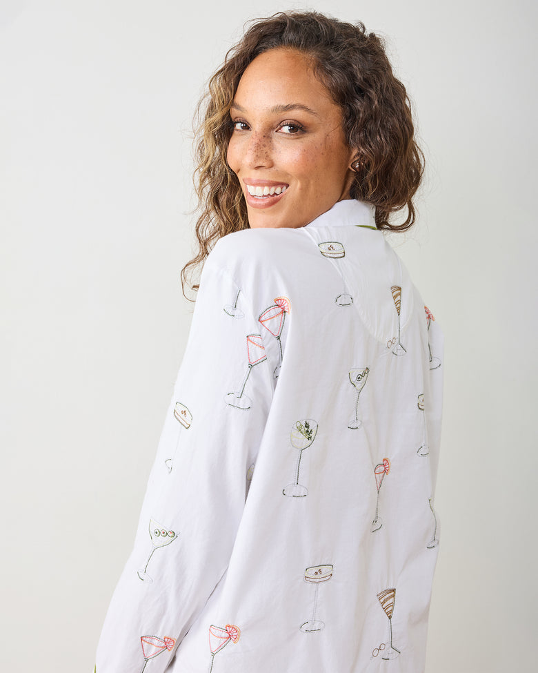 Martini Hour - Embroidered Long PJ Set - Cloud - Printfresh