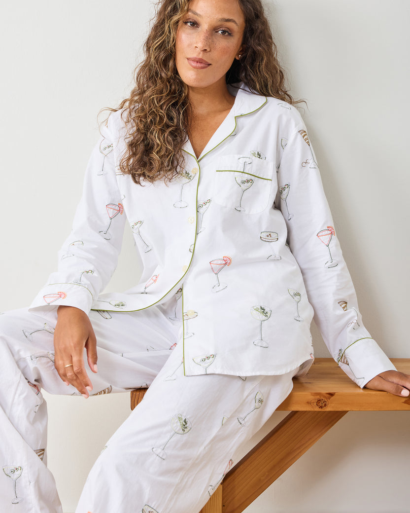 Martini Hour - Embroidered Long PJ Set - Cloud - Printfresh