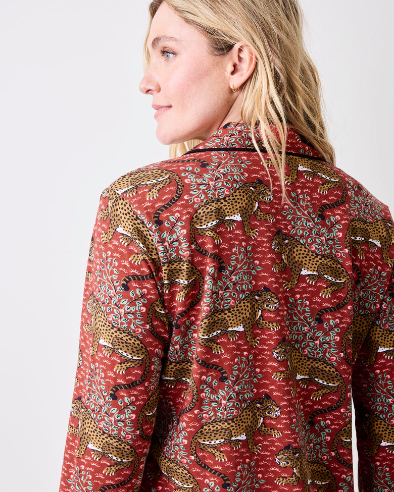Back view of the scarlet Bagheera long pajama top showing its leopard-and-leaf print and collar.