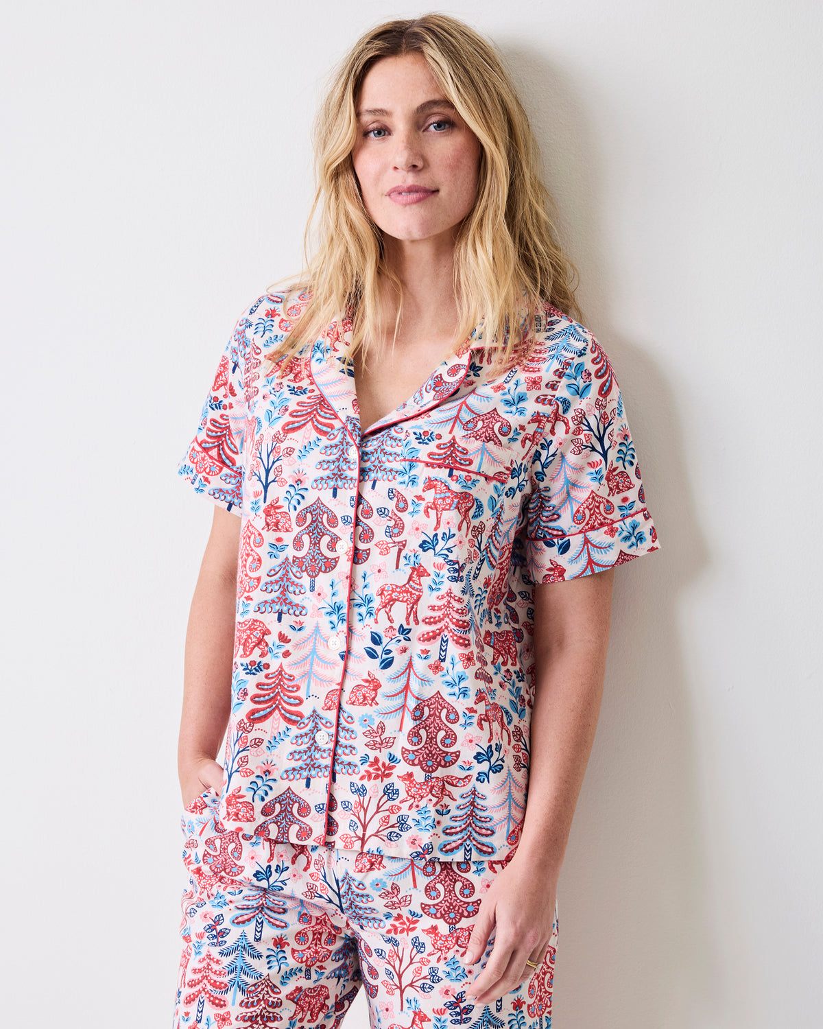 Folklore Forest - Lightweight Flannel Short Sleeve Top & Cropped Pants Set - Cream
