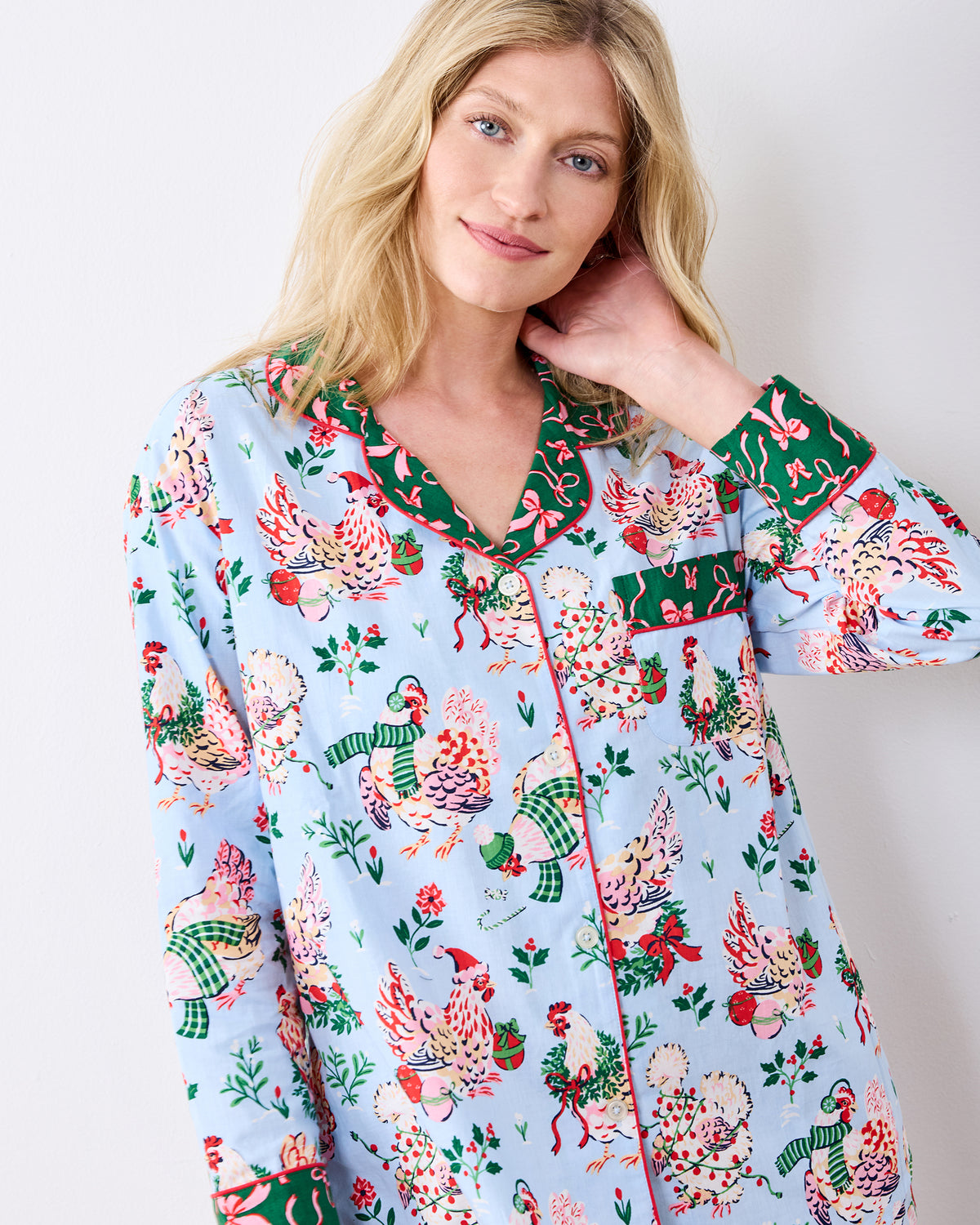Holiday Hens - Long PJ Set - Pale Blue
