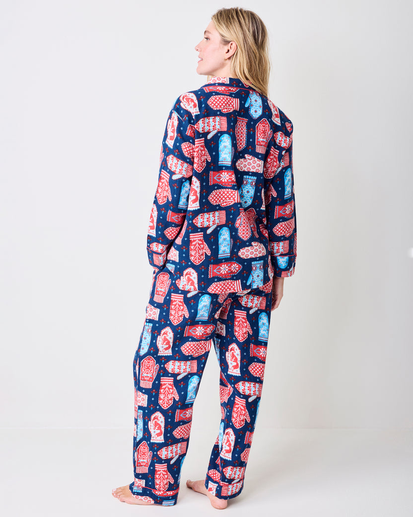 Back view of a person wearing the Viking Blue Nordic Mittens long pajama set.