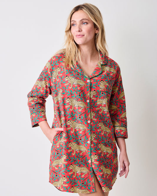 Ruby leopard-and-floral print sleep shirt shown from the front with button closure, collar, three-quarter sleeves, and pockets