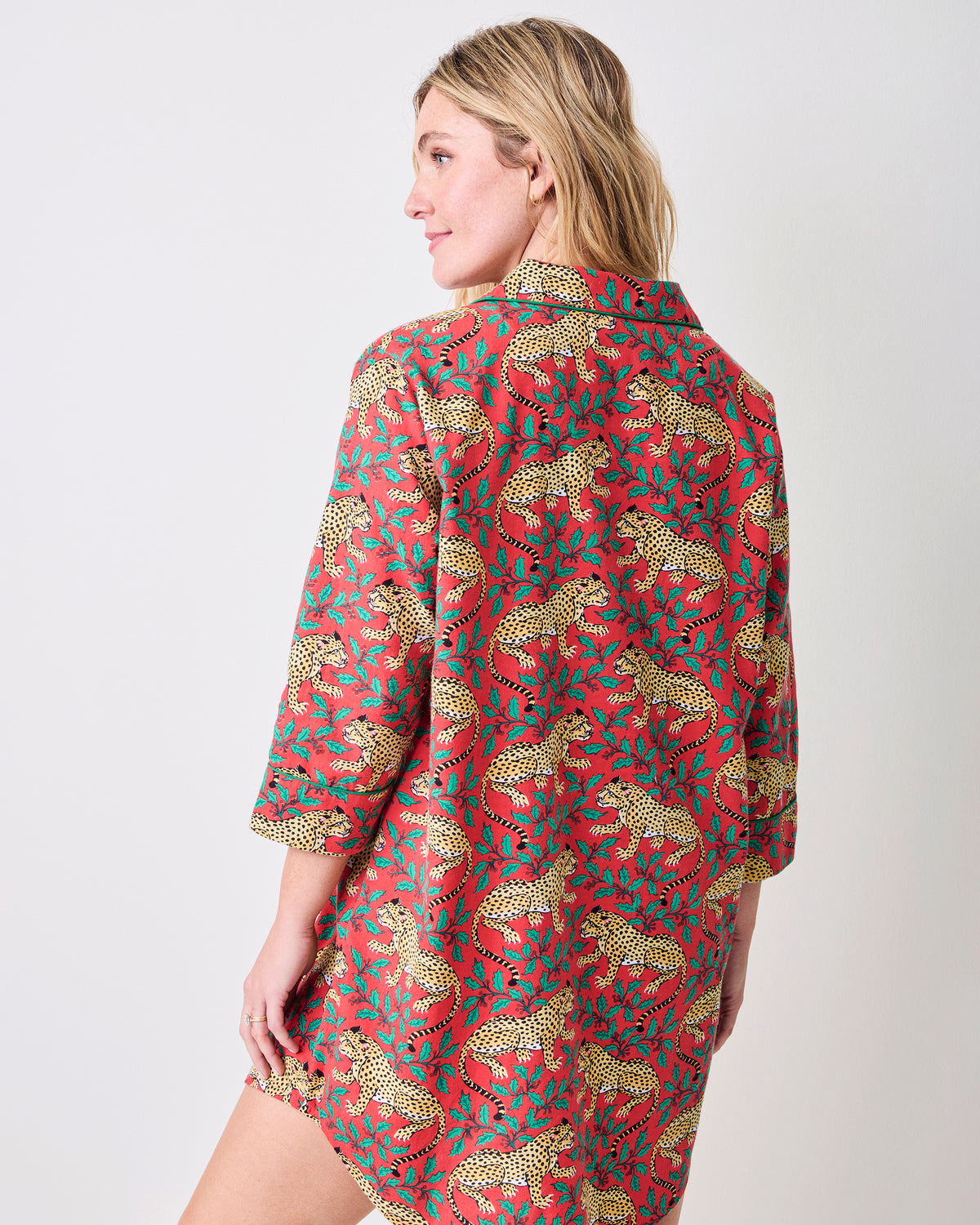 Back view of the Ruby leopard-and-floral print sleep shirt with a collar and three-quarter sleeves