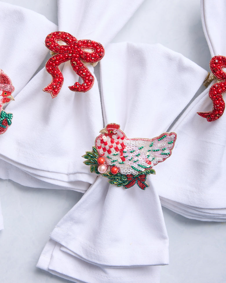 Holiday Hens/Bow - Napkin Ring Set Of 4 - Red Multi - Printfresh