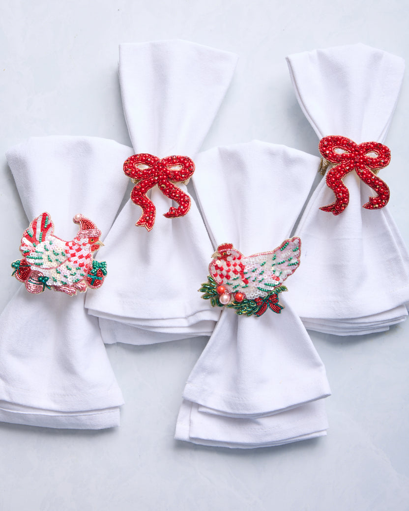 Holiday Hens/Bow - Napkin Ring Set Of 4 - Red Multi - Printfresh