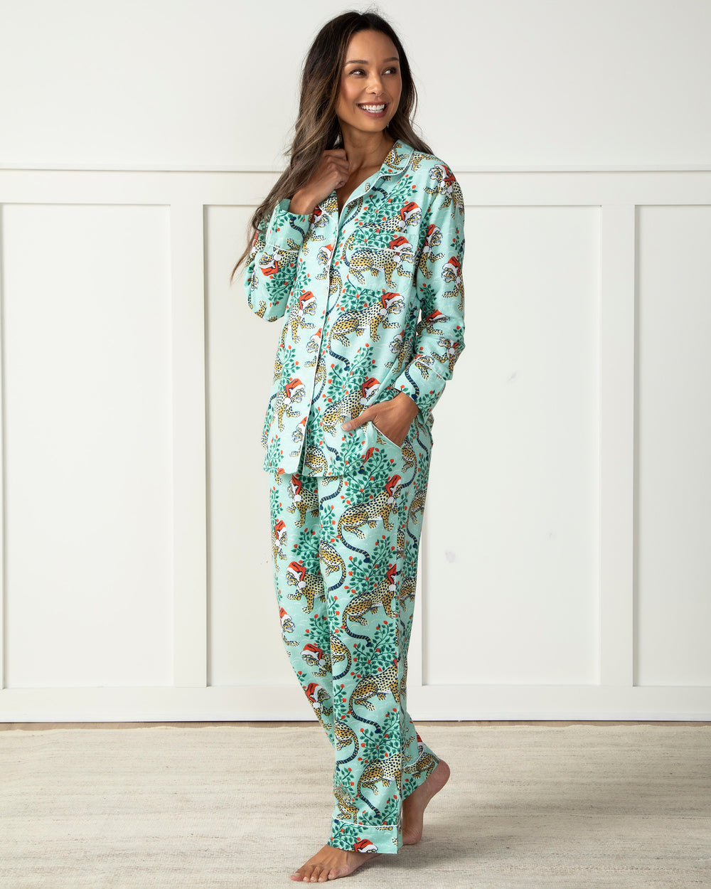 Holly Jolly Bagheera - Tall Flannel Long Sleep Set - Frosted Mint - Printfresh