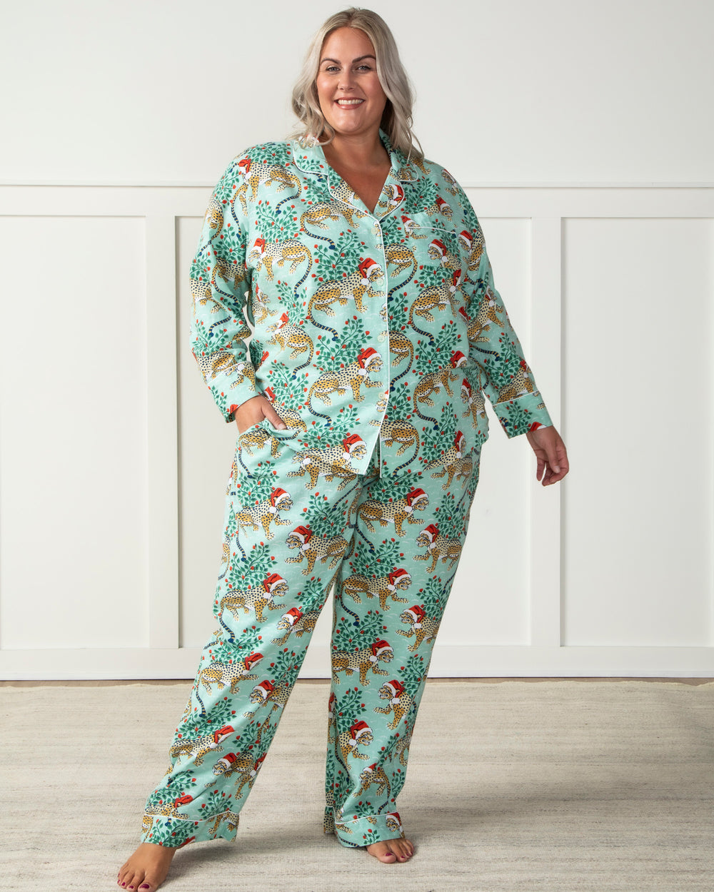 Holly Jolly Bagheera - Tall Flannel Long Sleep Set - Frosted Mint - Printfresh