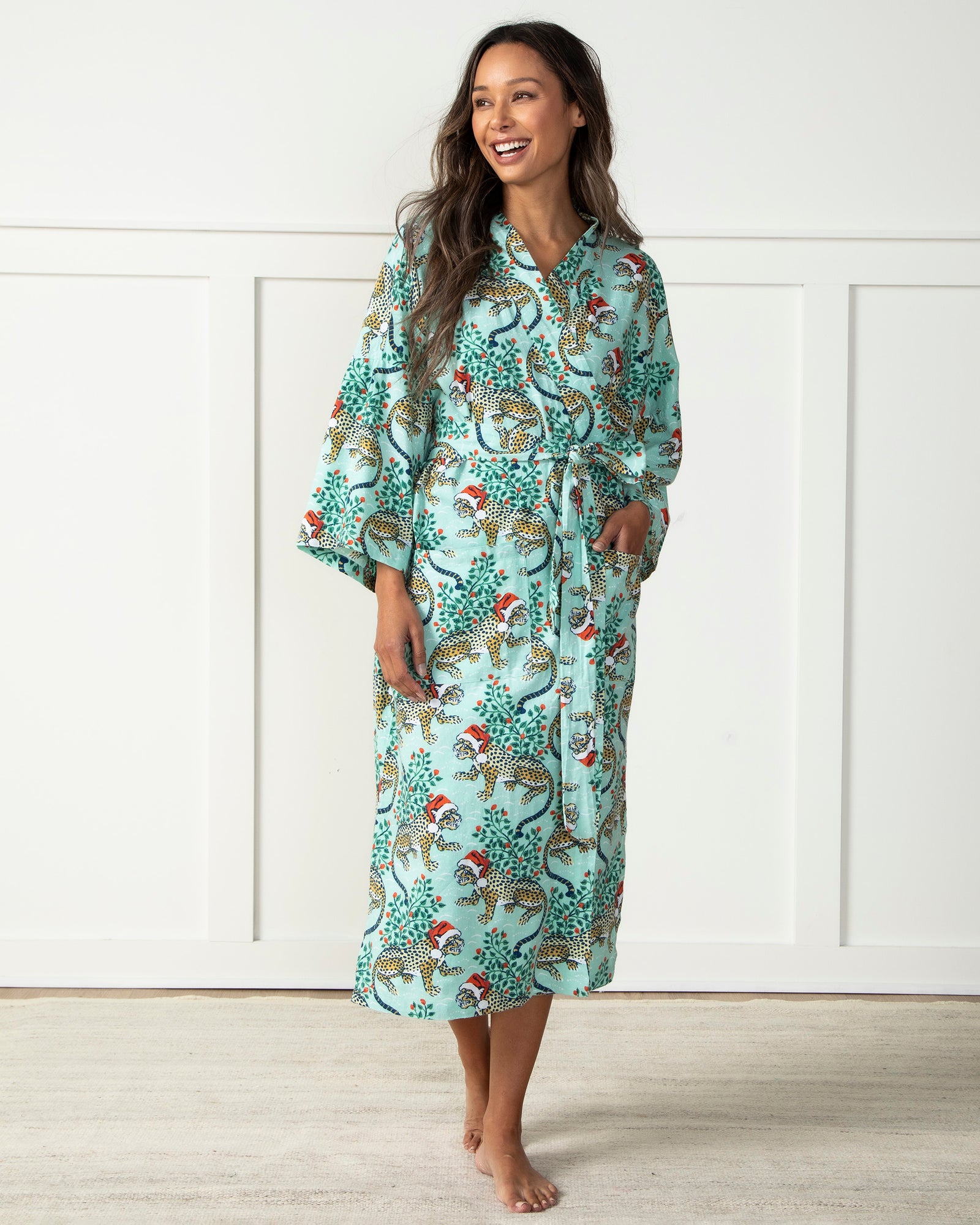 Holly Jolly Bagheera - Flannel Robe - Frosted Mint - Printfresh