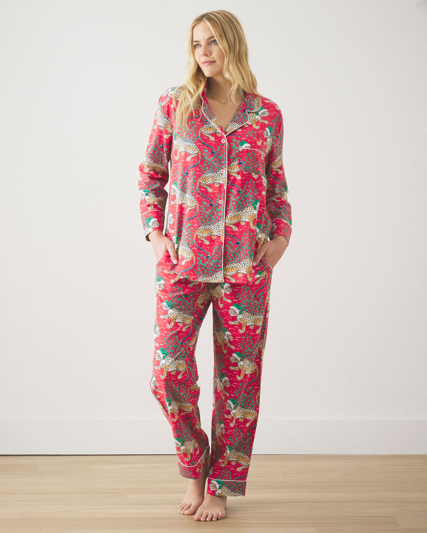 Holly Jolly Bagheera - Lightweight Flannel Long PJ Set - Ruby - Printfresh