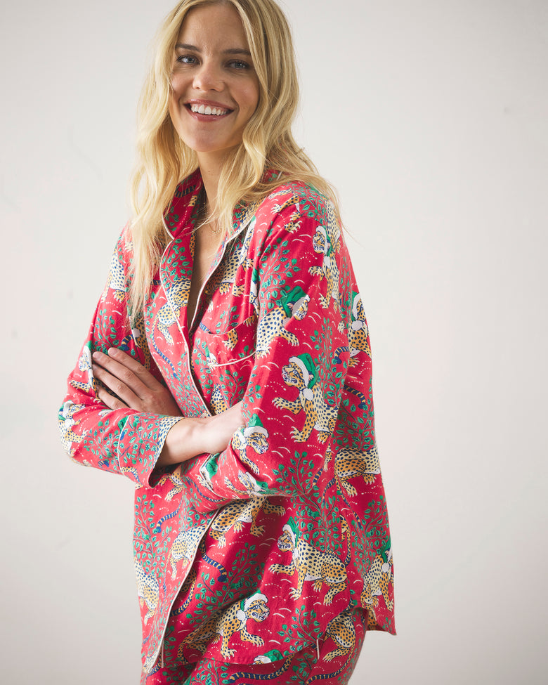 Holly Jolly Bagheera - Lightweight Flannel Long PJ Set - Ruby - Printfresh