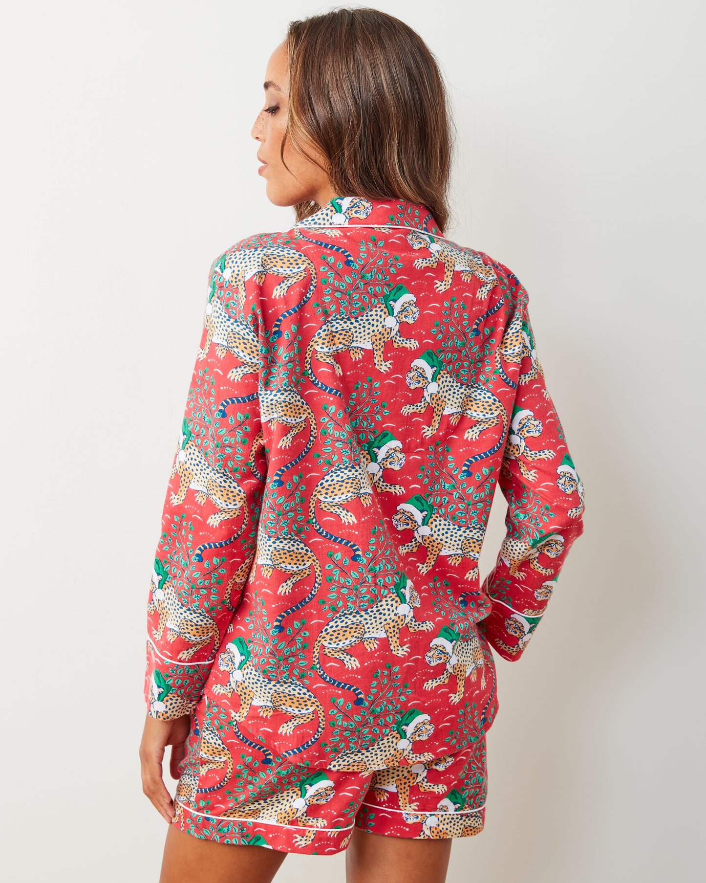 Holly Jolly Bagheera - Lightweight Flannel Long Sleeve Top & Shorts Set - Ruby - Printfresh