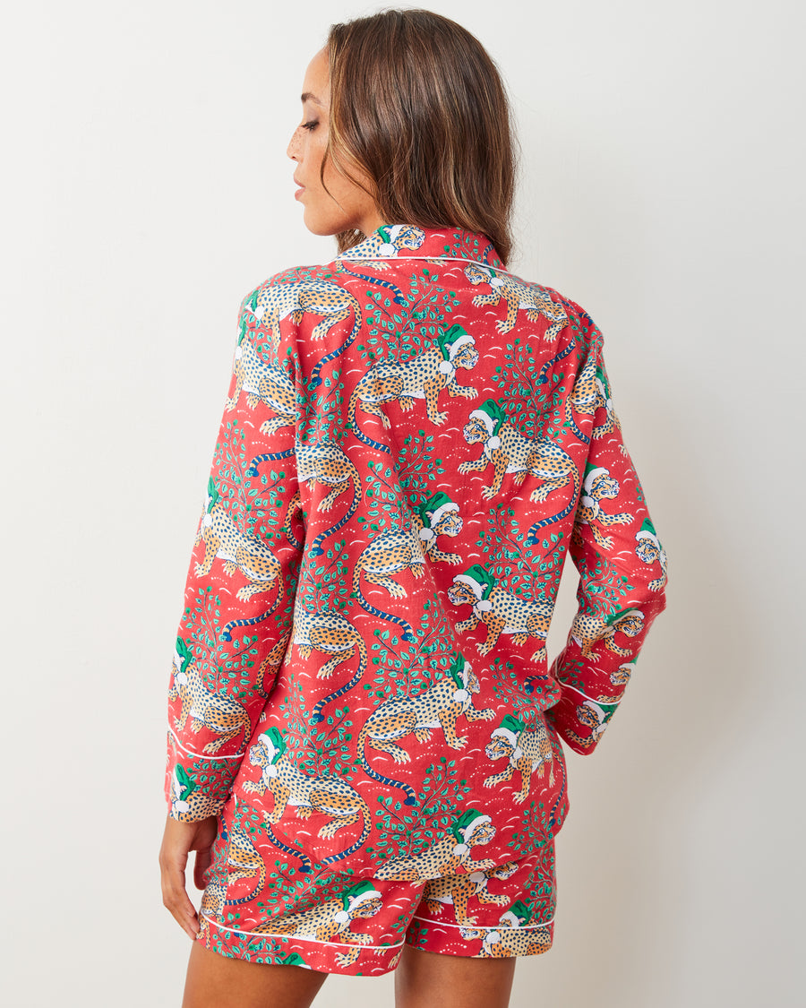 Holly Jolly Bagheera - Lightweight Flannel Long Sleeve Top & Shorts Set - Ruby - Printfresh