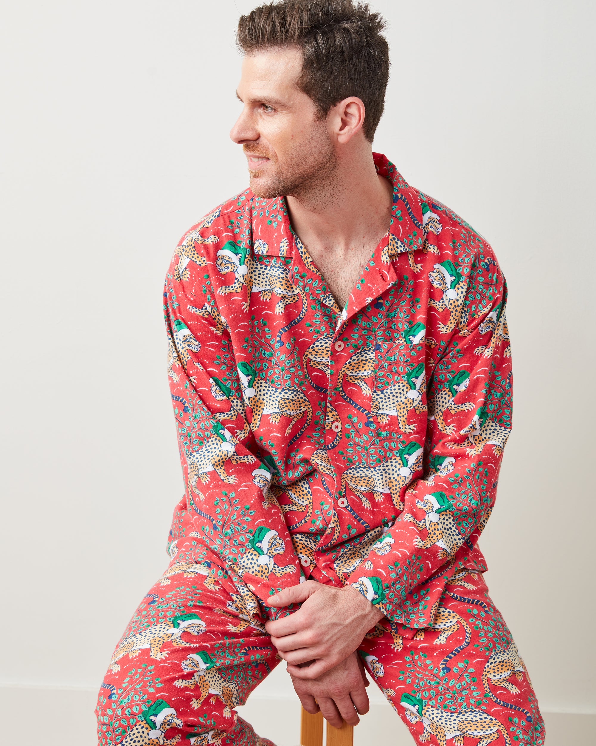 Holly Jolly Bagheera - Men's Flannel Long PJ Set - Ruby - Printfresh