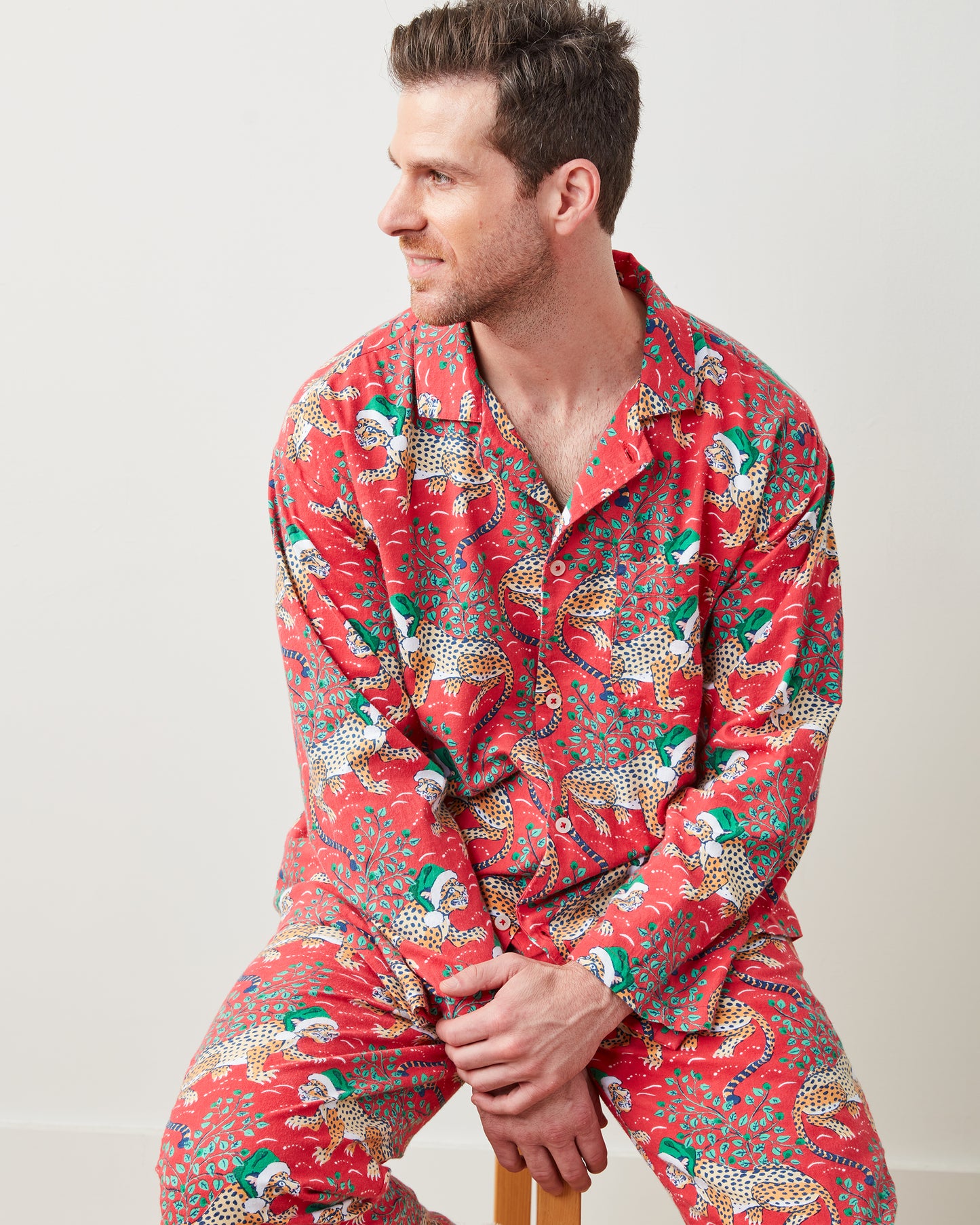 Holly Jolly Bagheera - Men's Lightweight Flannel Long PJ Set - Ruby - Printfresh