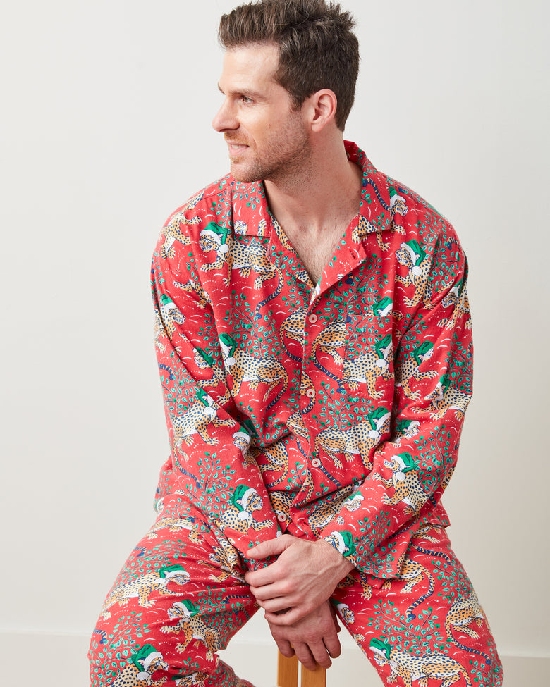 Holly Jolly Bagheera - Men's Lightweight Flannel Long PJ Set - Ruby - Printfresh
