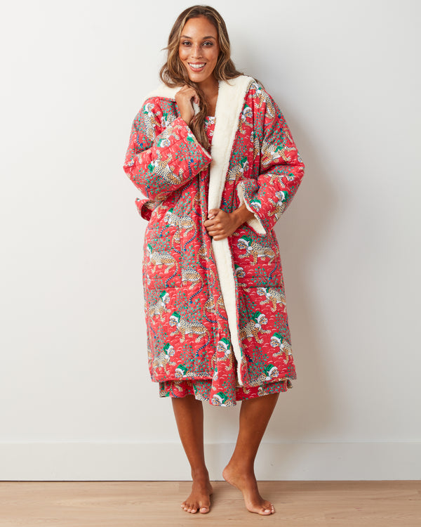 Holly Jolly Bagheera - Flannel Quilted Hooded Sherpa Robe - Ruby - Printfresh