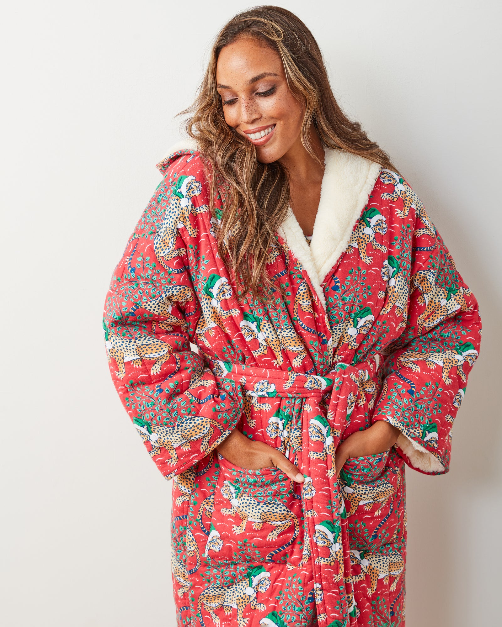 Holly Jolly Bagheera - Flannel Quilted Hooded Sherpa Robe - Ruby - Printfresh